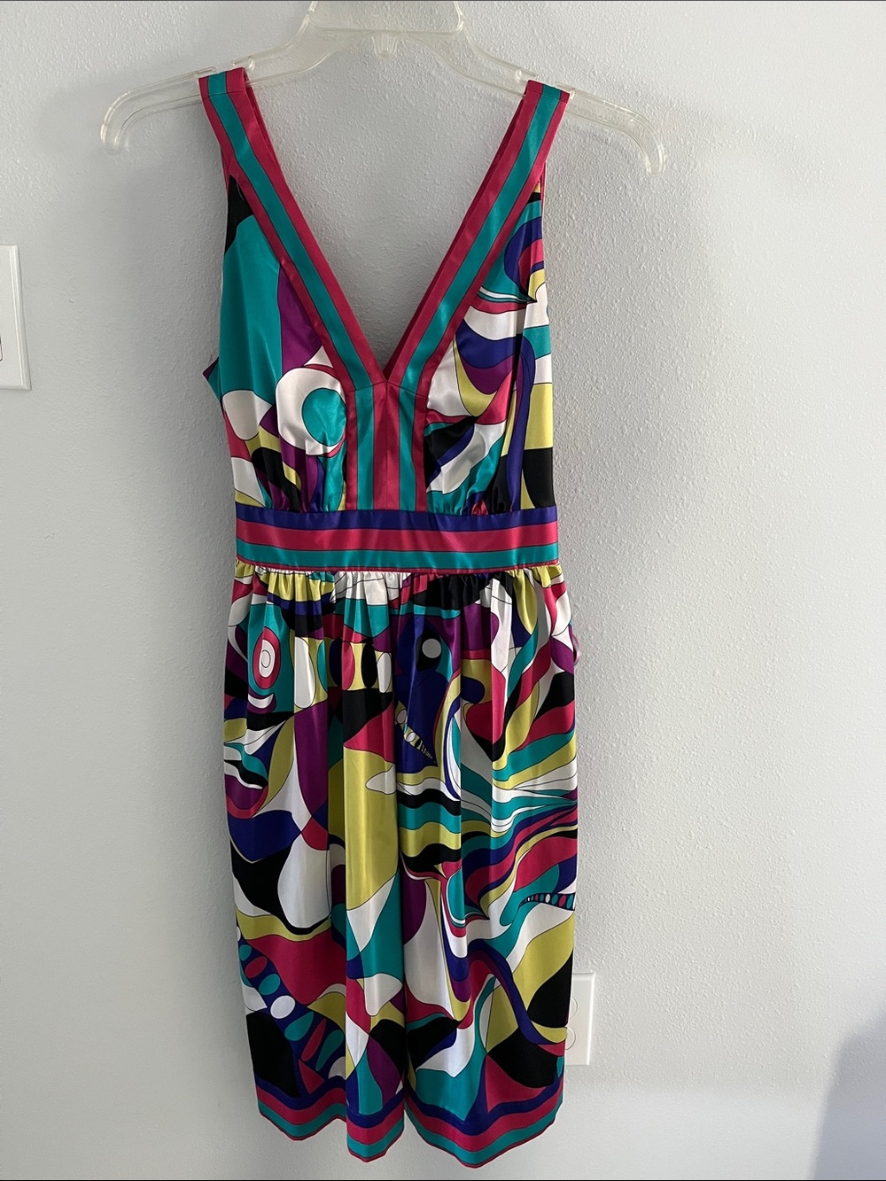ECI Sleeveless V-Neck Midi Dress in Teal, Magenta, Yellow & Black
